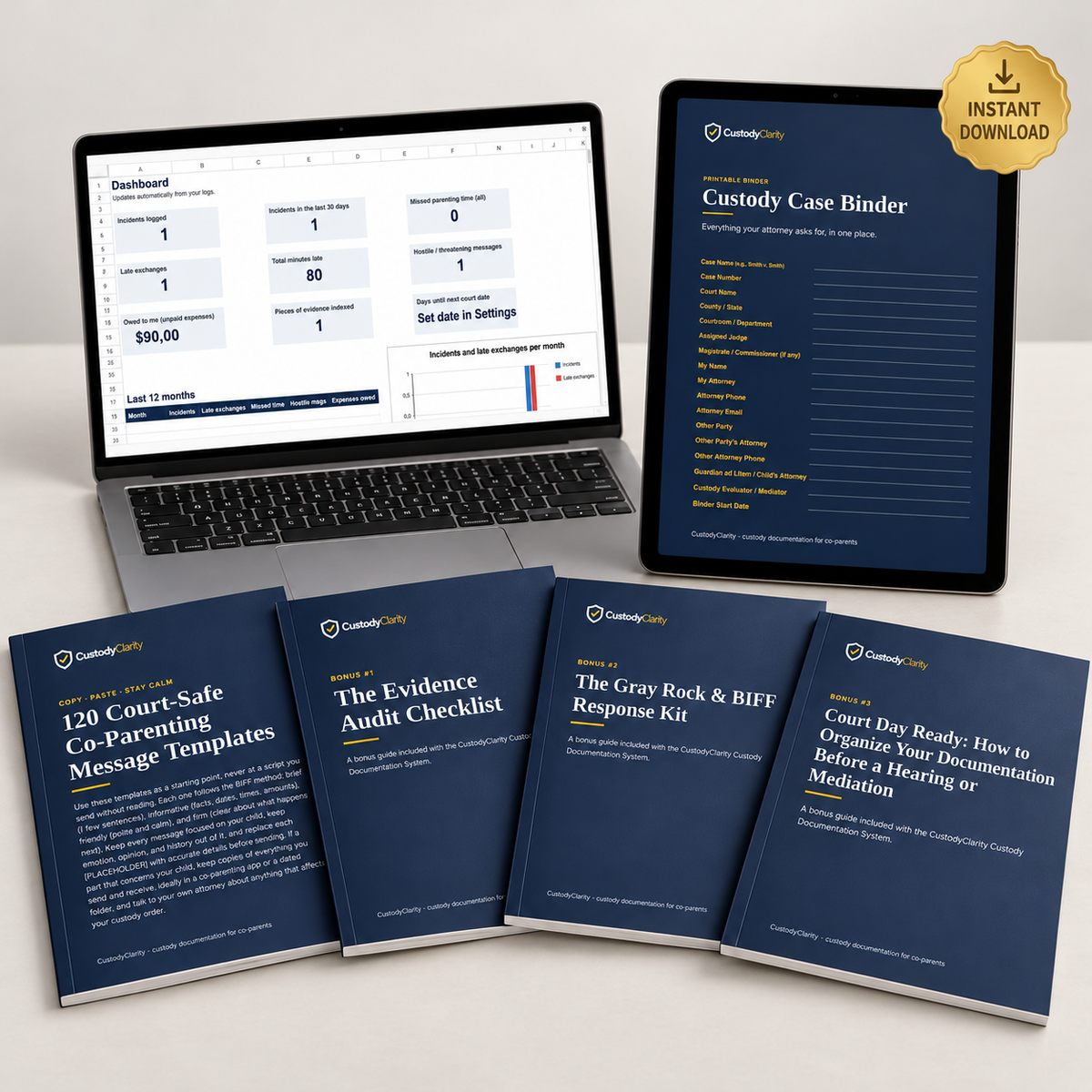 Custody Documentation System bundle: tracker dashboard on laptop, Custody Case Binder on tablet, message templates and 3 bonus guides