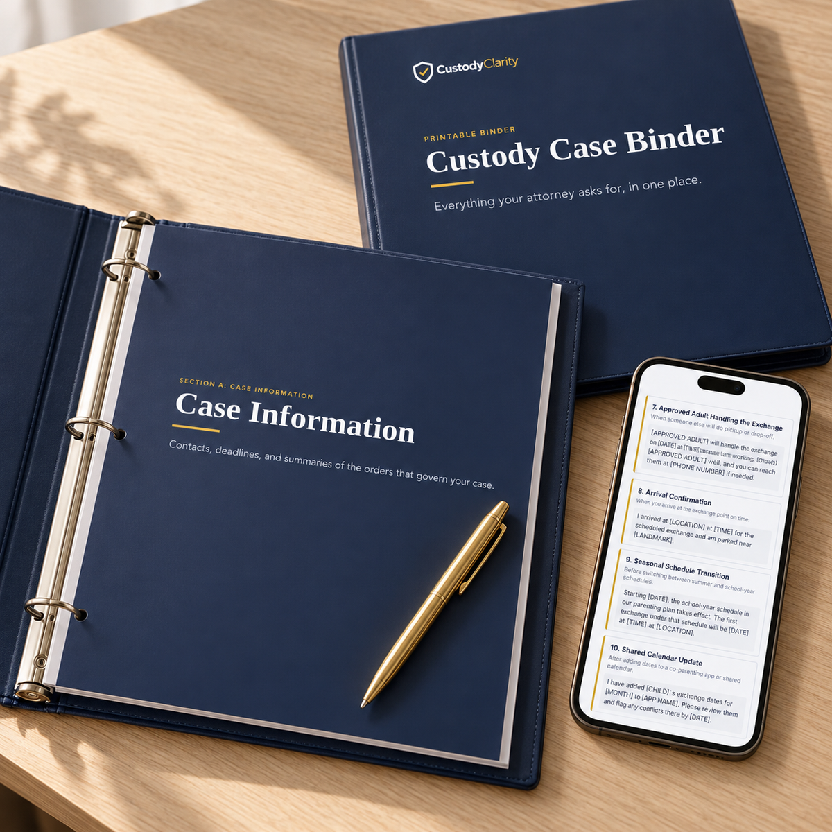 Printable Custody Case Binder open at the Case Information section, next to a phone showing co-parenting message templates