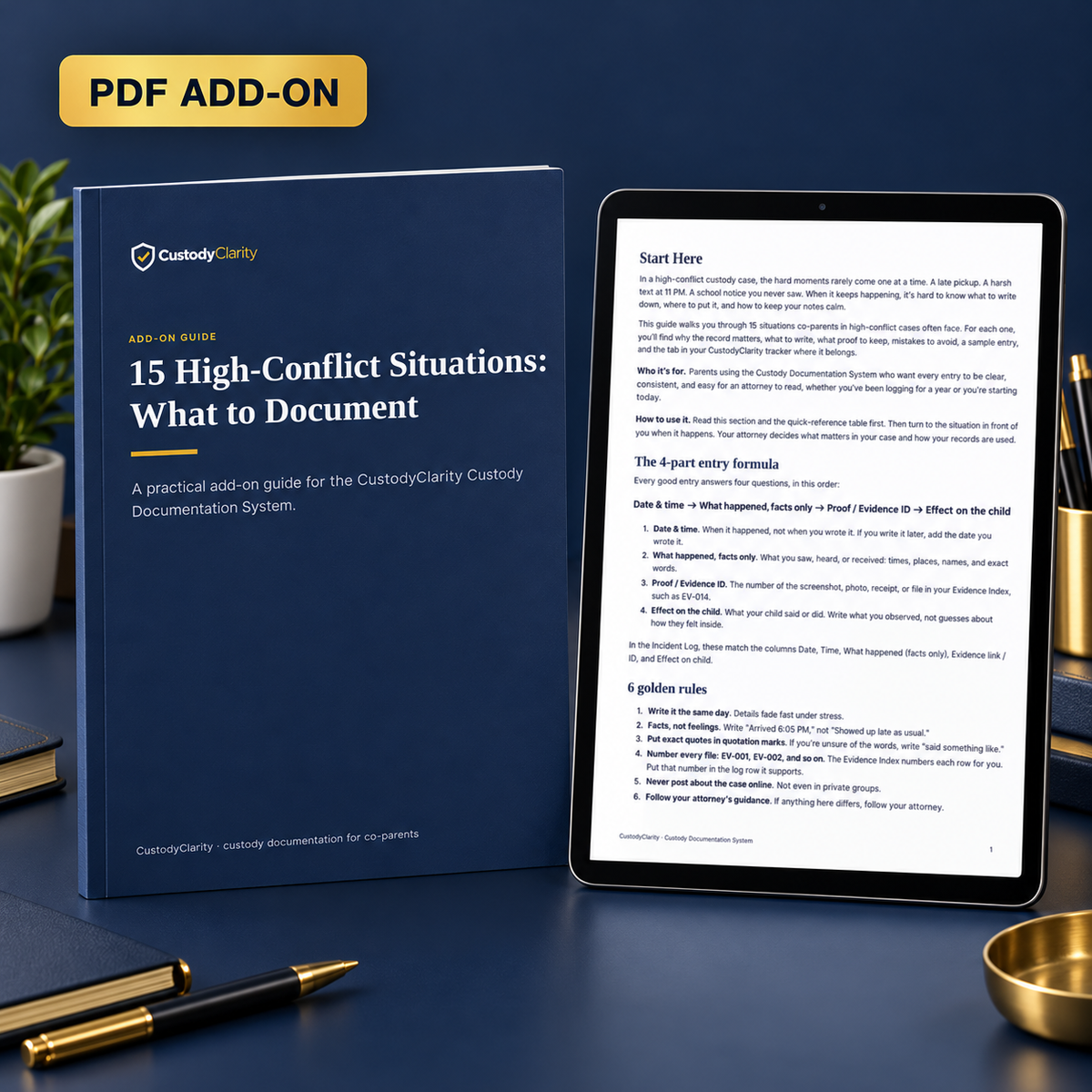 15 High-Conflict Situations: What to Document, printable CustodyClarity add-on guide shown on a tablet and as a booklet