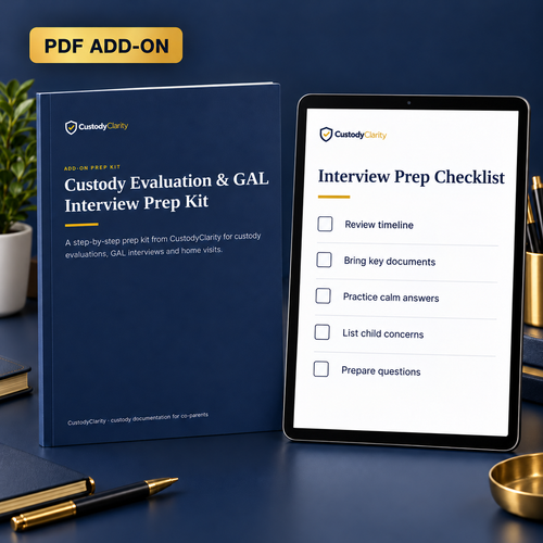Custody Evaluation & GAL Interview Prep Kit, CustodyClarity add-on shown on a tablet and as a printed booklet