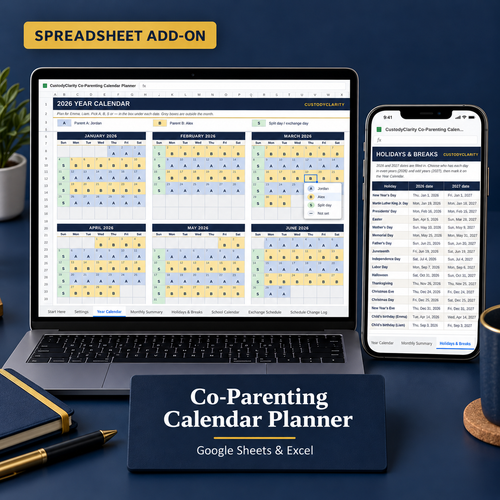 Co-Parenting Calendar Planner on a laptop, parenting time calendar for Google Sheets and Excel