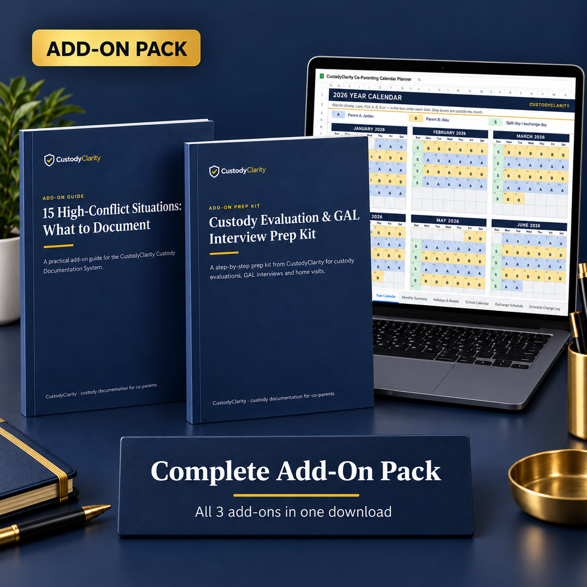 Complete Add-On Pack: 15 High-Conflict Situations guide, GAL Interview Prep Kit and Co-Parenting Calendar Planner in one download